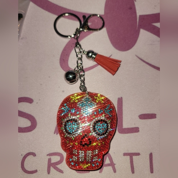 Colorful Red Rhinestone Sugar Skull Keychain/Bag Charm - Picture 2 of 2